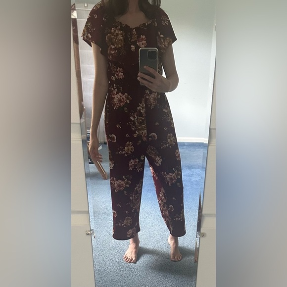 Altar’d State Burgundy/Maroon Floral Print On or Off the Shoulder Jumpsuit - Picture 9 of 15
